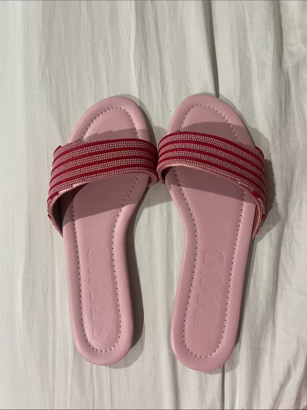 STAUD Pink Slide Sandals with Red Striped Strap